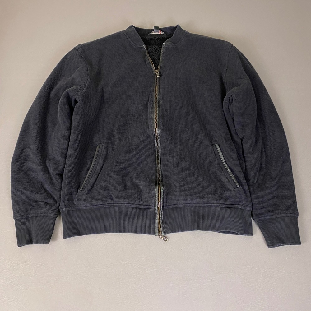 John Varvatos Bomber Jacket Sherpa Lined Mens L Waffle Knit Gray Leather Trim